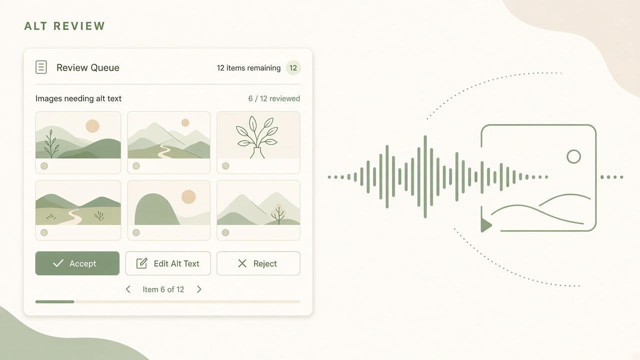 AI alt text workflow accessibility review queue for publishers and screen reader users