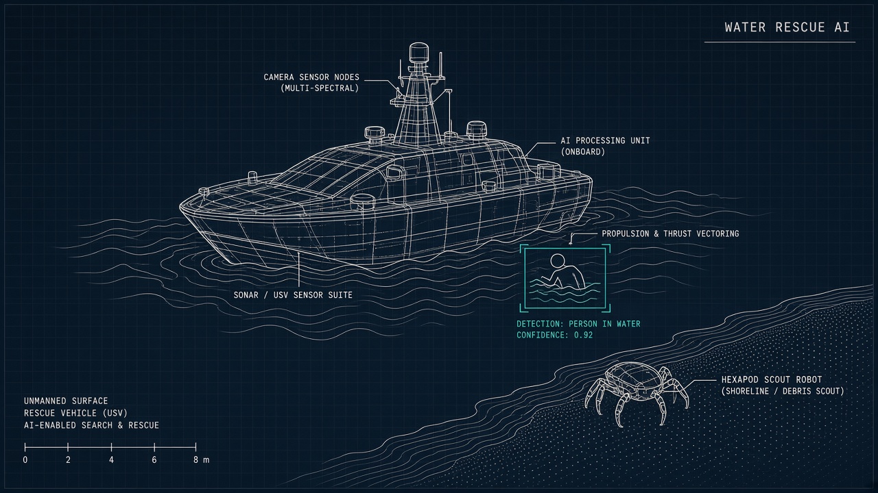 Amphibious rescue robot AI: autonomous surface vehicle with computer vision detecting a person in floodwater