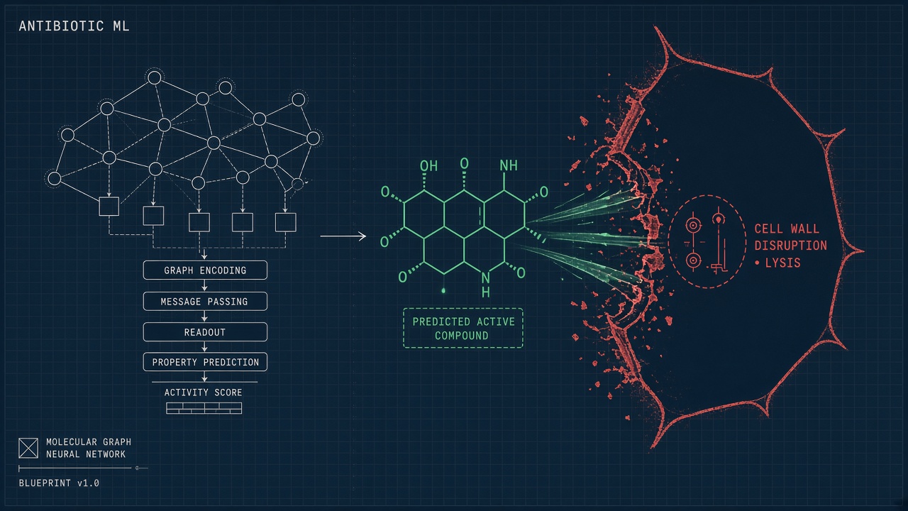 AI antibiotic discovery machine learning molecular graph neural network screening resistant bacteria