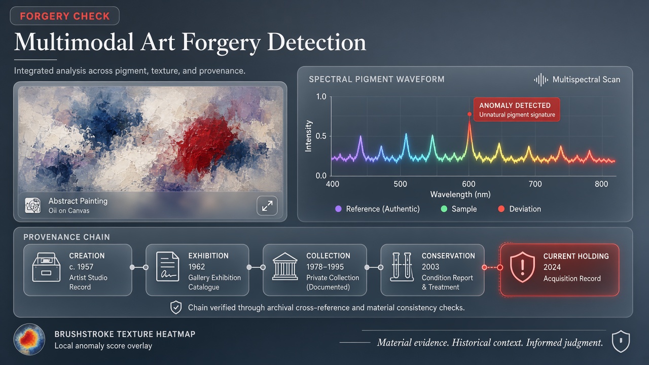 AI art forgery detection multimodal pigment spectroscopy brushstroke provenance analysis