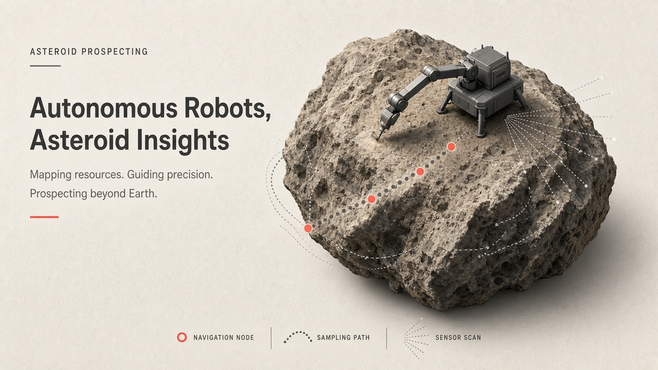 AI asteroid prospecting robots: autonomous spacecraft descending toward a rubble-pile asteroid surface with vision-guided sampling arm