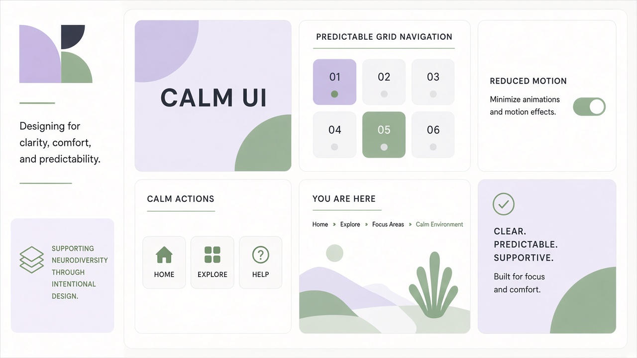 Autism friendly UI AI design: calm bento layout with predictable navigation, reduced motion toggle, and breadcrumb trail