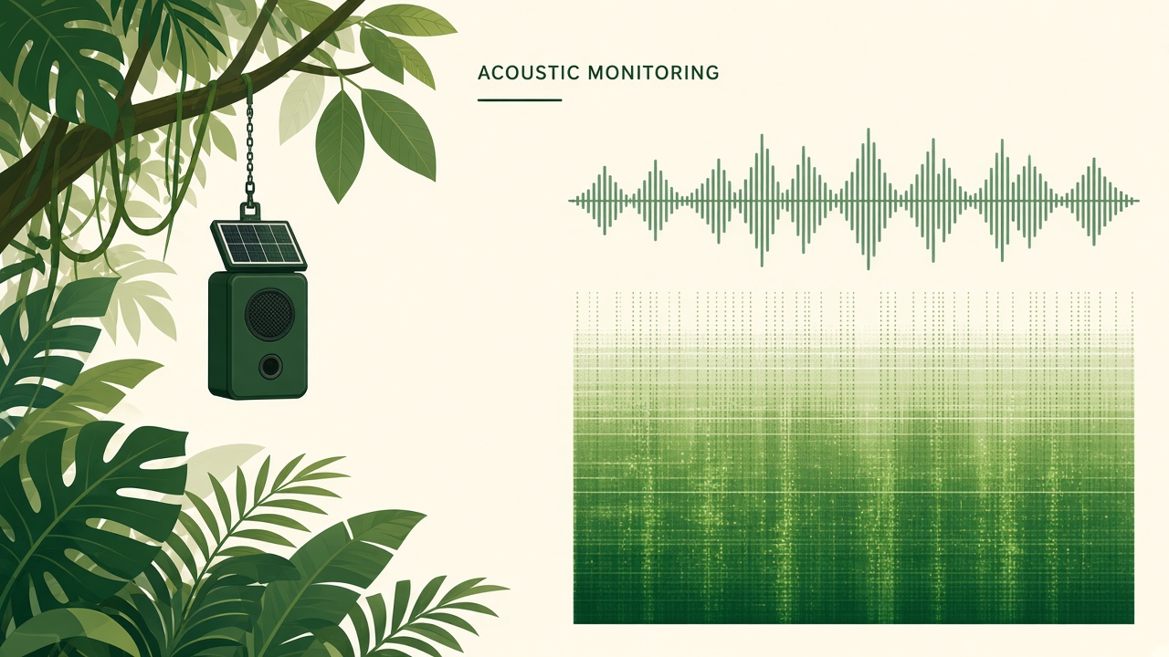 Rainforest acoustic monitoring with AI: solar-powered recorders in tropical canopy with spectrogram waveform detecting bird and primate vocalizations