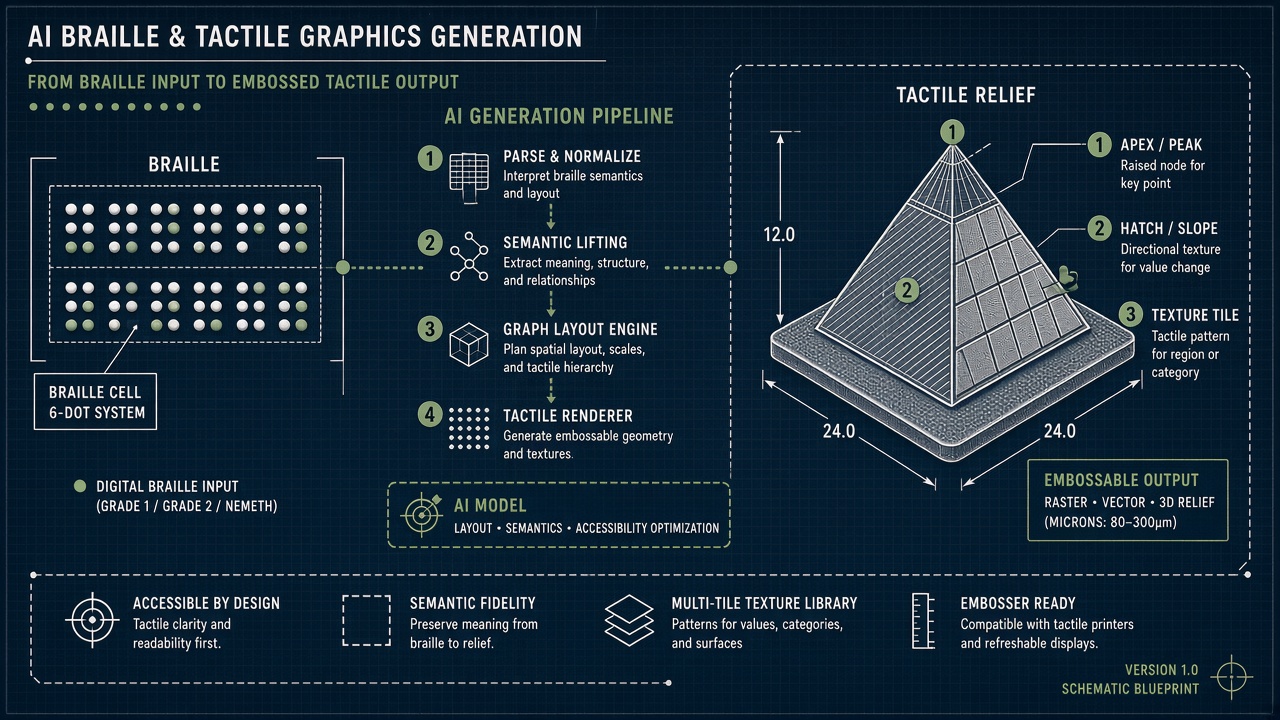 AI braille tactile graphics generation: embossed braille dots transitioning into a raised tactile diagram on blueprint grid background