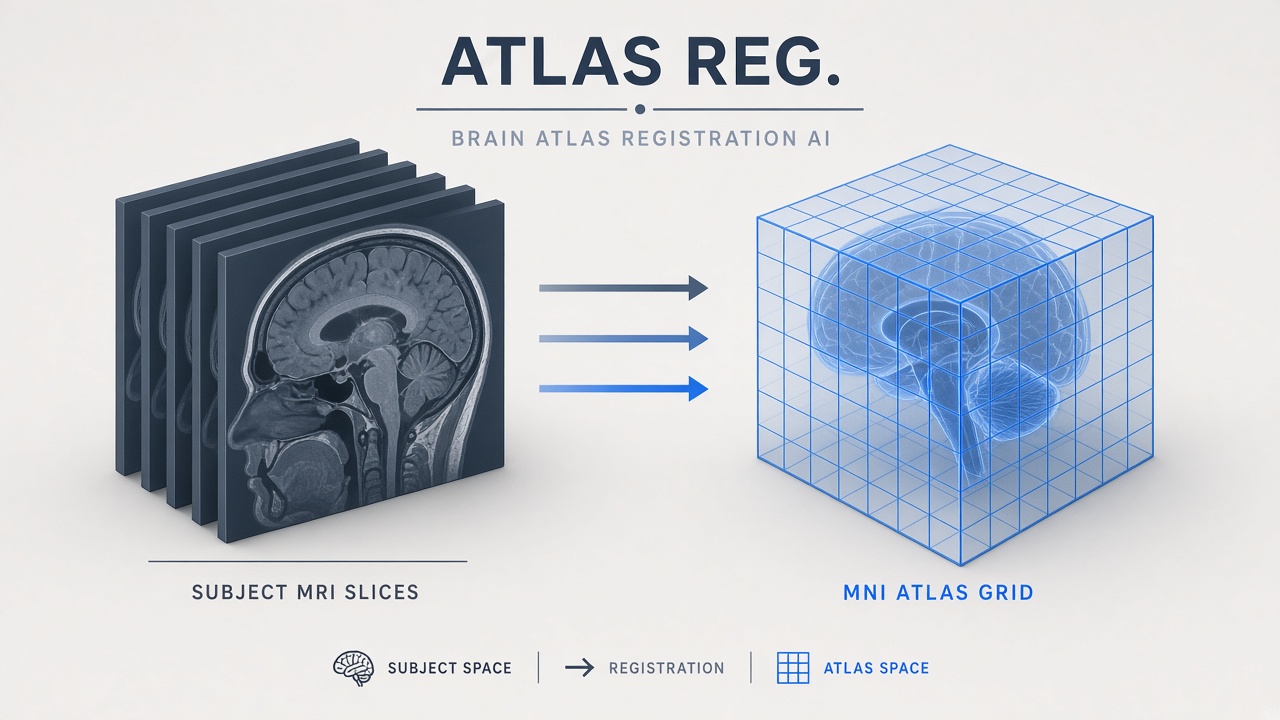 Brain atlas registration with AI: MRI scan warped onto a standard anatomical template with labeled cortical regions