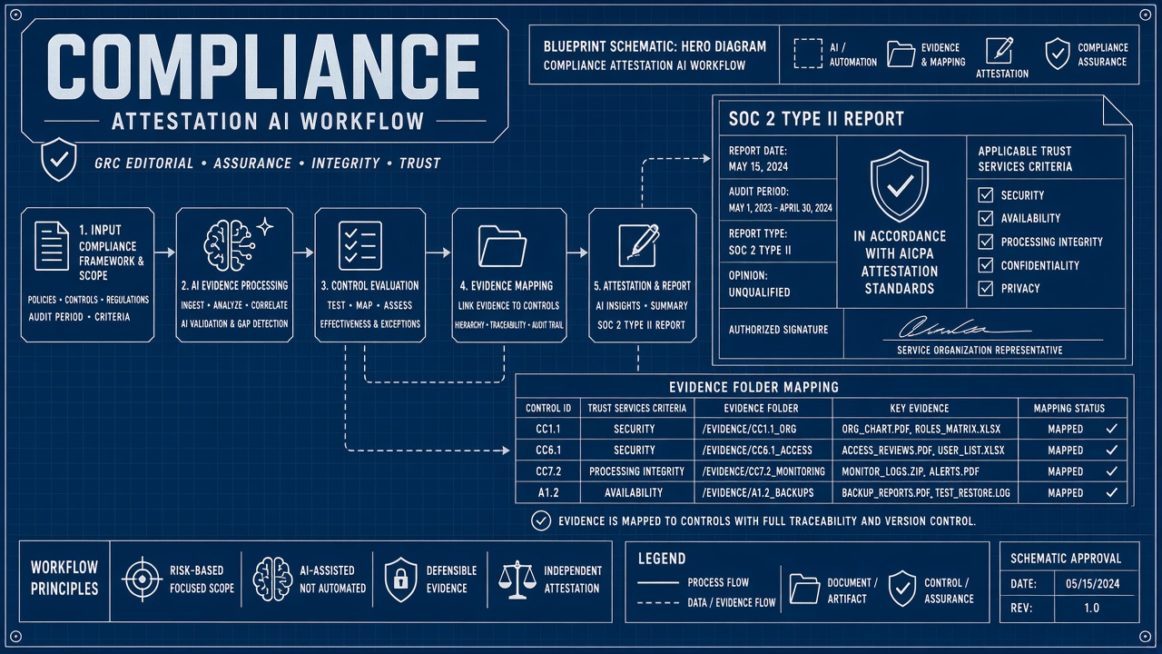 AI compliance attestation workflow SOC ISO vendor security evidence mapping audit trail