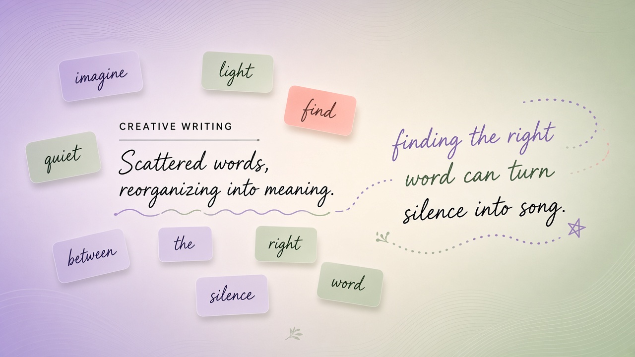 AI aphasia writing support: floating word tiles and sentence fragments reorganizing into creative text for word-finding assistance