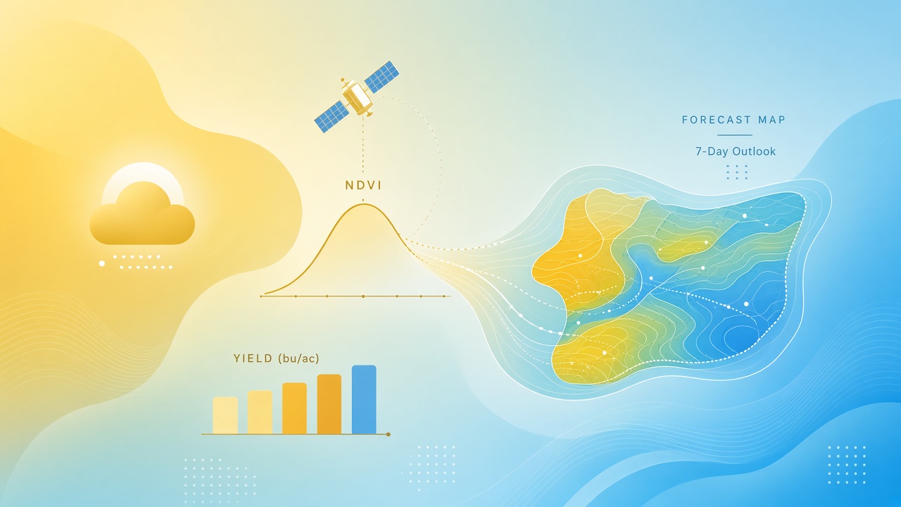 Crop yield prediction AI weather: fusion diagram of Sentinel-2 NDVI, ERA5 weather series, and yield forecast map