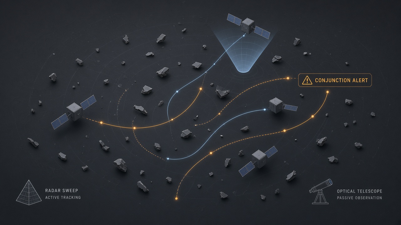 AI orbital debris tracking LEO satellites collision risk radar optical fusion conjunction alerts