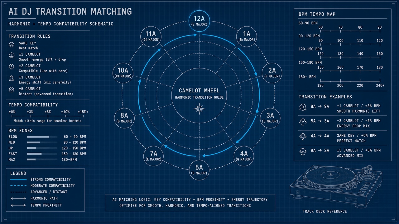 AI DJ transition matching harmonic mixing Camelot wheel beatgrid BPM key