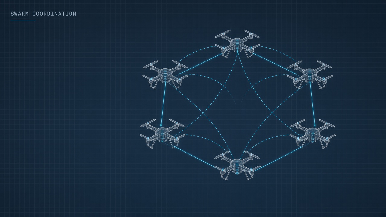 Drone swarm coordination AI: multiple quadcopters connected by wireless links forming a coordinated formation pattern