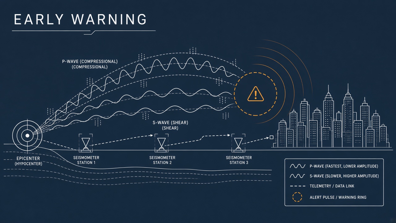 AI earthquake early warning P-wave S-wave ShakeAlert machine learning seismic sensor network