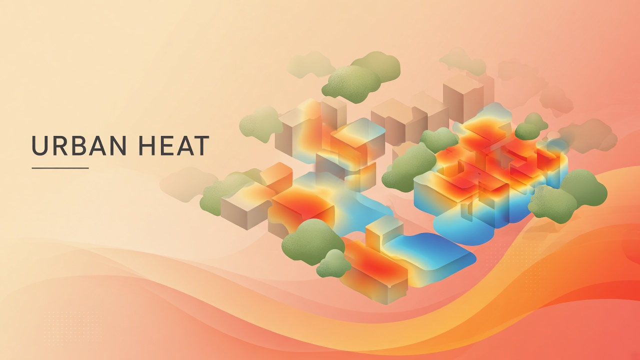 Urban heat island AI planning: high-resolution thermal map of city blocks with tree canopy and cool corridor overlays for heat action planning