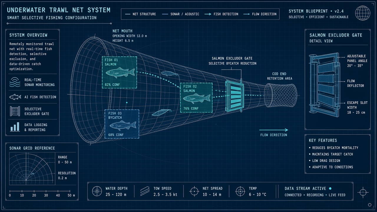 Fisheries bycatch reduction AI: underwater trawl camera with species detection boxes and salmon excluder monitoring