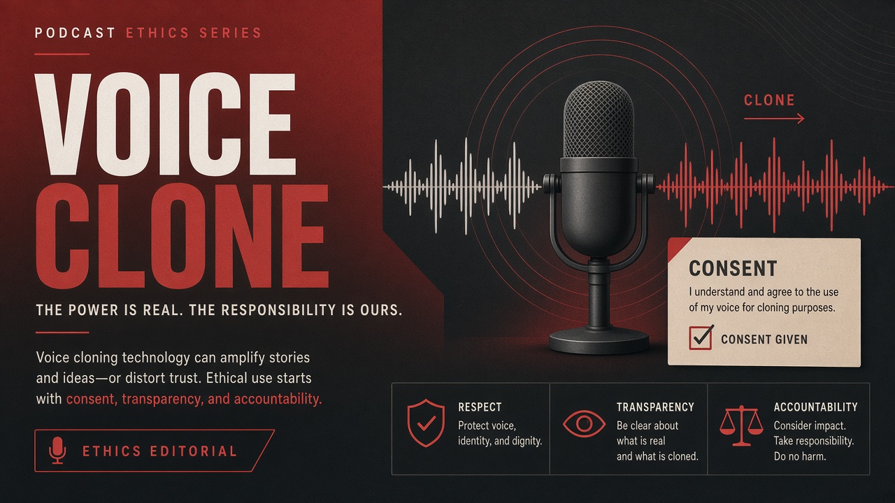 Podcast voice cloning ethics workflow consent disclosure platform policy deepfake risk