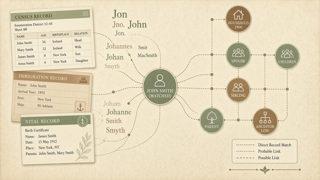 AI genealogy record matching census parish archives entity resolution FamilySearch