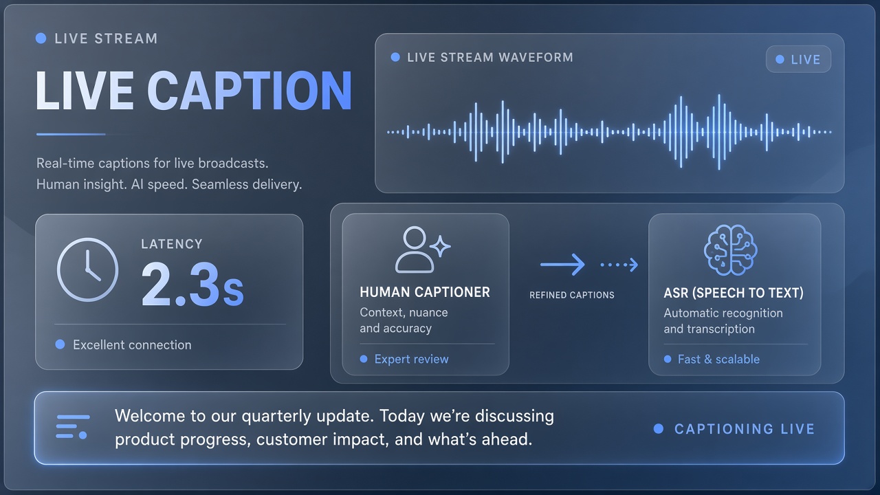 AI live captioning broadcast workflow with ASR latency human respeaker hybrid failover