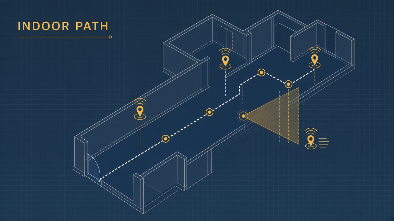 Indoor navigation AI low vision: schematic floor plan with beacon nodes, AR camera path, and waypoint guidance