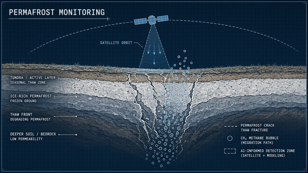 AI detection of permafrost thaw and methane emissions: satellite methane plume over Arctic tundra with thermal thaw slump outlines