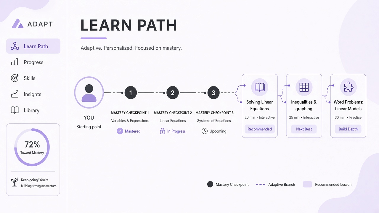 Personalized learning path AI: adaptive curriculum graph with learner mastery nodes and recommended next lessons