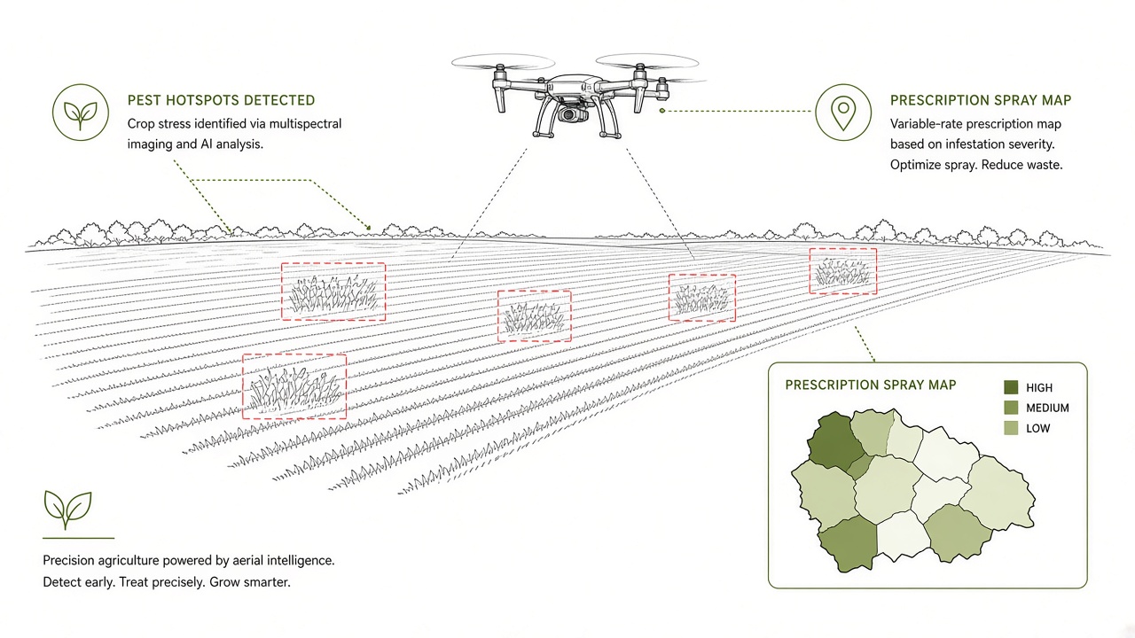 AI pest detection drone agriculture: UAV multispectral survey highlighting insect hotspots in corn and orchard rows