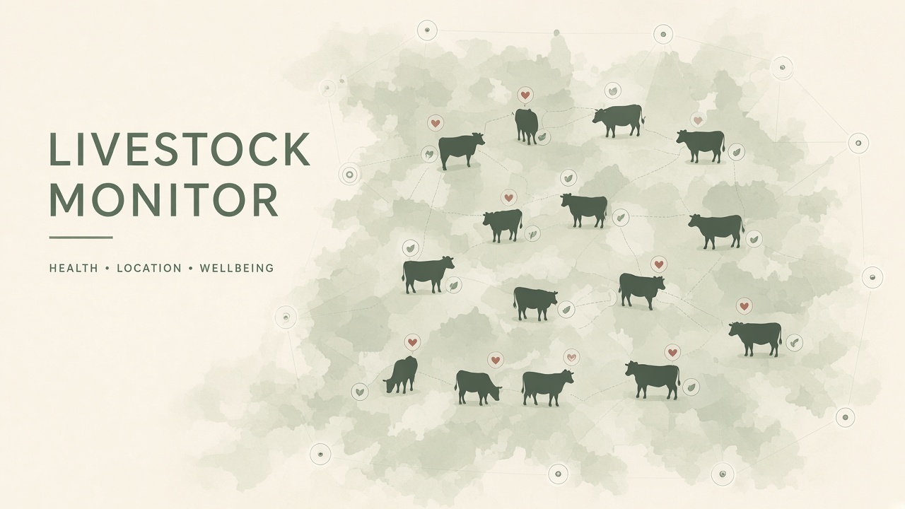 Precision livestock monitoring AI: overhead camera view of dairy cattle with health classification overlays and edge sensor nodes