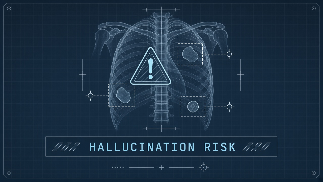 Radiology report AI hallucination risks: draft report with fabricated findings highlighted against verified imaging study