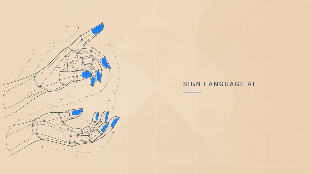 AI sign language translation limitations: pose-estimated signing hands with landmark nodes illustrating real-time recognition pipeline challenges