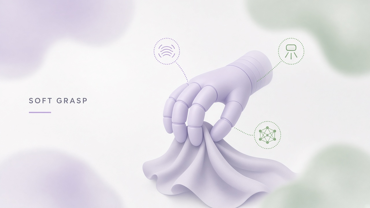 Soft robot grasping deformable objects: compliant pneumatic hand gently holding fabric with tactile sensing and AI control diagram