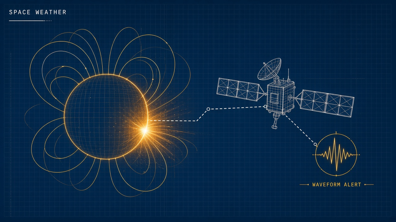 Solar flare prediction AI: magnetogram from SDO with neural network overlay forecasting space weather alerts for satellite operators