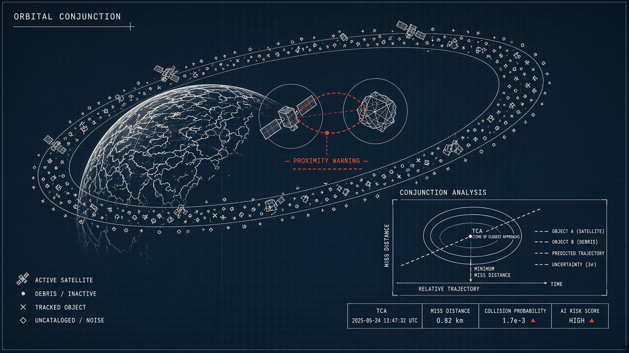 AI space debris collision prediction: orbital tracks of satellites and debris fragments converging at a conjunction screening volume