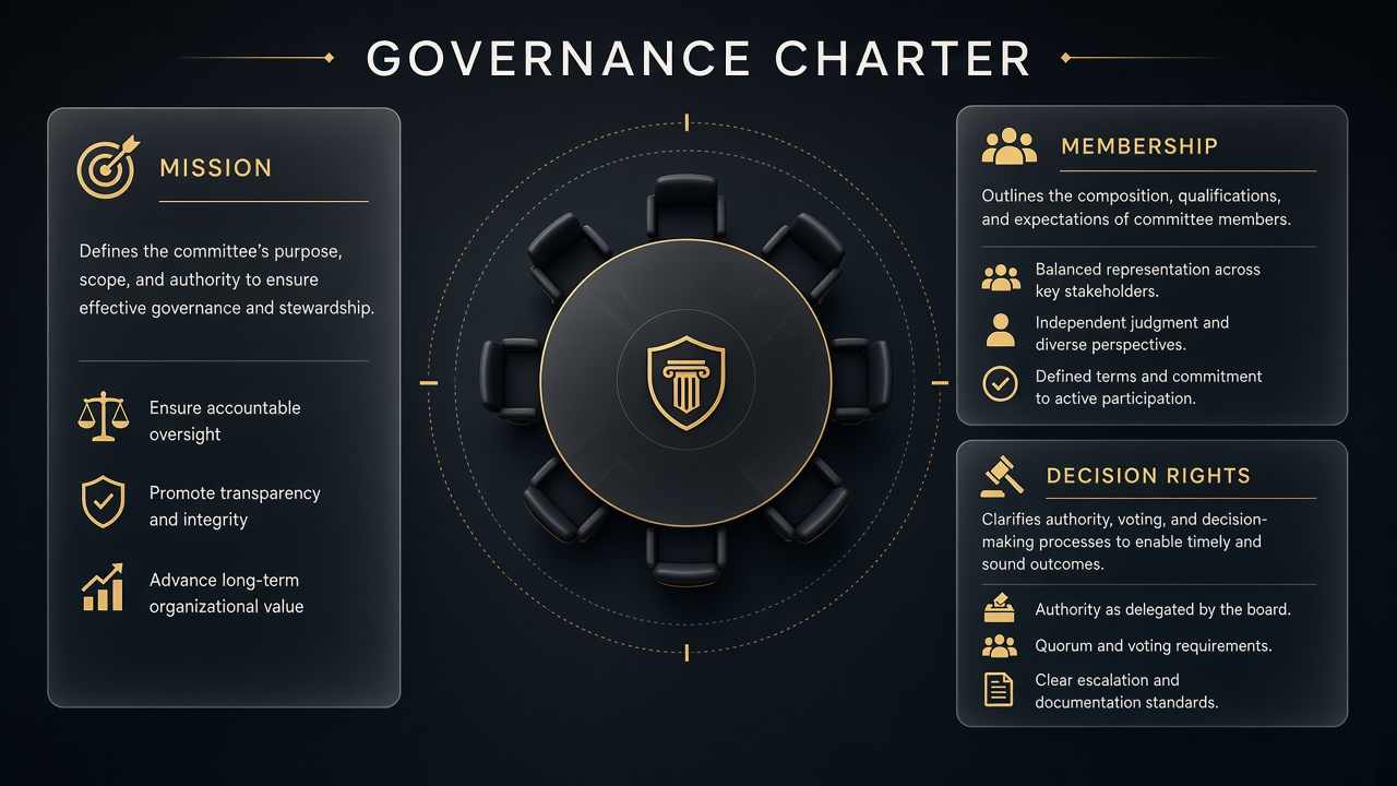 AI governance committee charter template mission membership quorum decision rights escalation