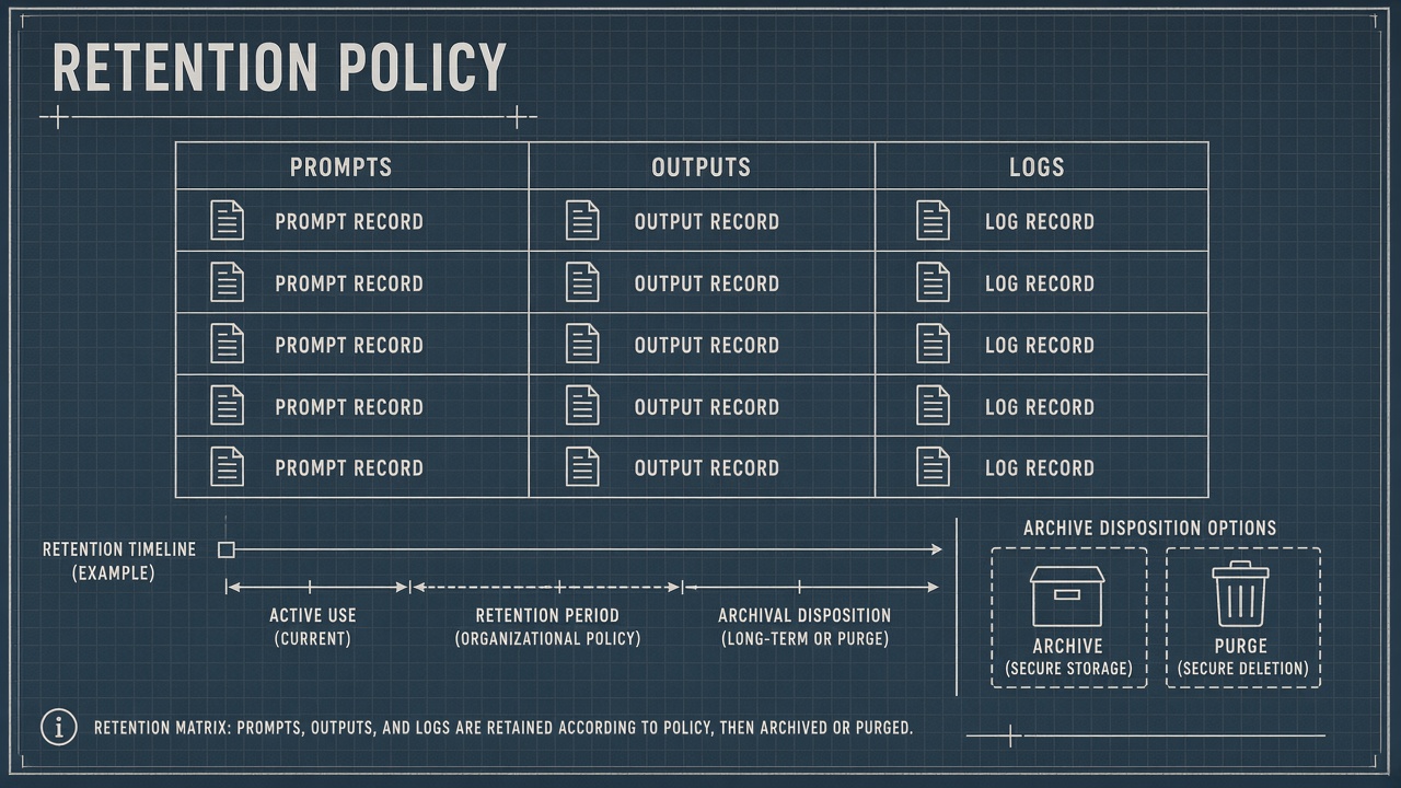 Records retention policy for AI-generated outputs covering prompts outputs edits logs GDPR SOX HIPAA