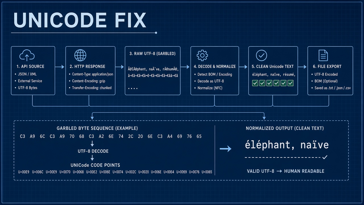Fixing garbled Unicode in AI output: UTF-8 pipelines, HTTP charset, database encoding, Excel BOM exports