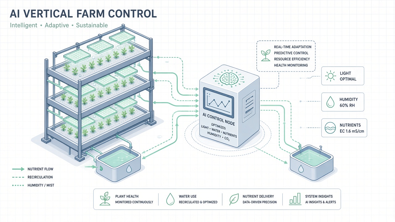 AI vertical farm control systems LED climate nutrient optimization hydroponic layers