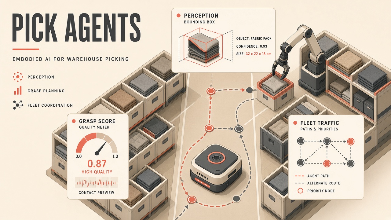Warehouse picking embodied AI: autonomous robot arm selecting items from dense storage pods with perception and planning overlays