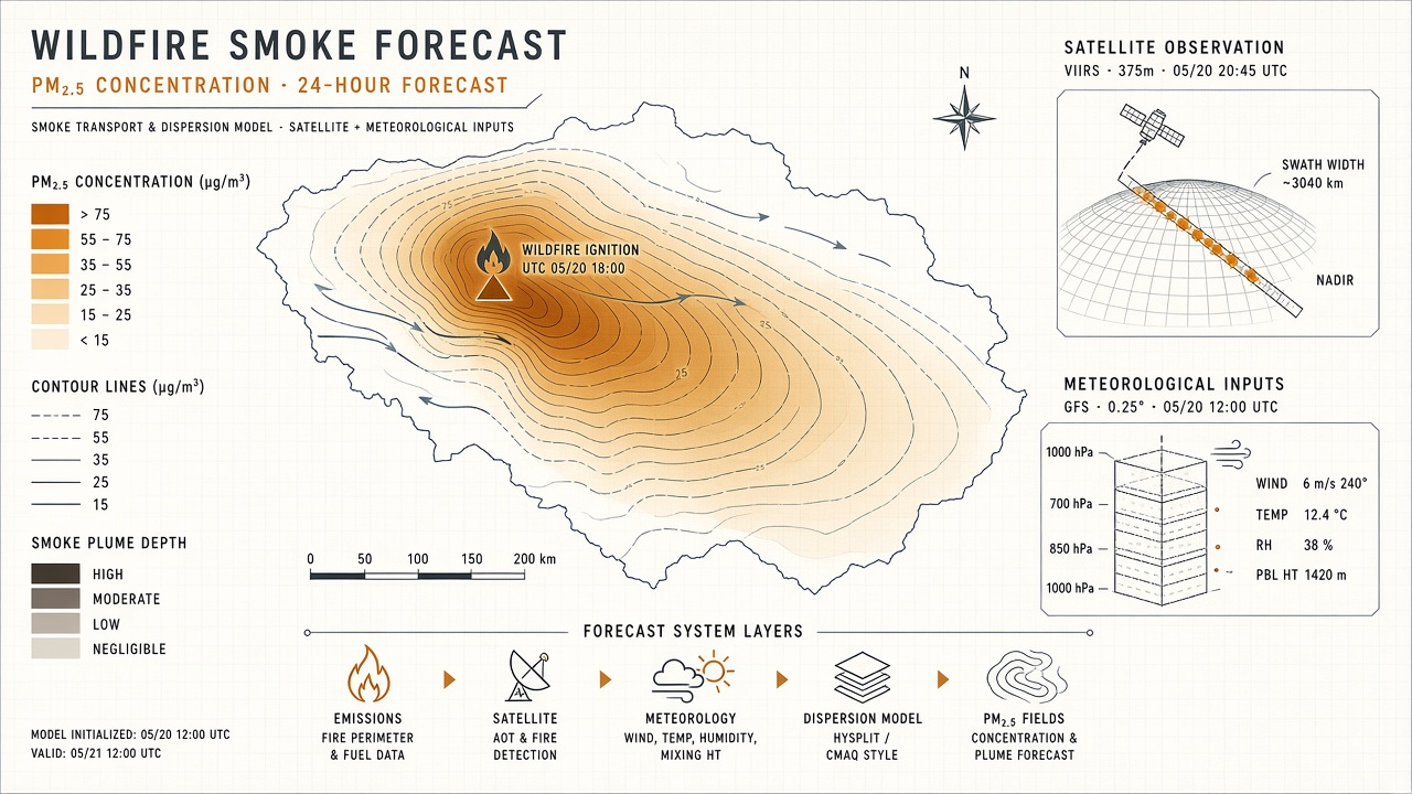 AI wildfire smoke forecasting HRRR-Smoke PM2.5 machine learning bias correction satellite fire data