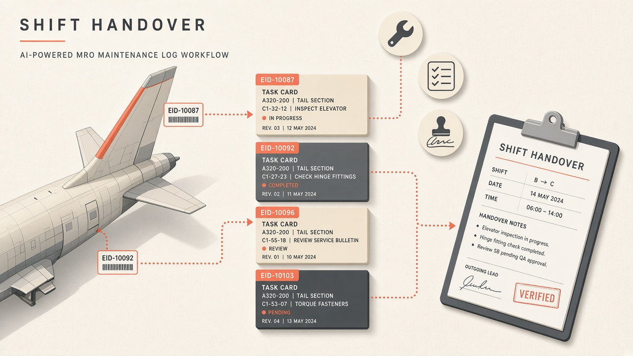 AI workflow for aviation MRO maintenance log summaries and shift handover documentation with traceable source entry IDs