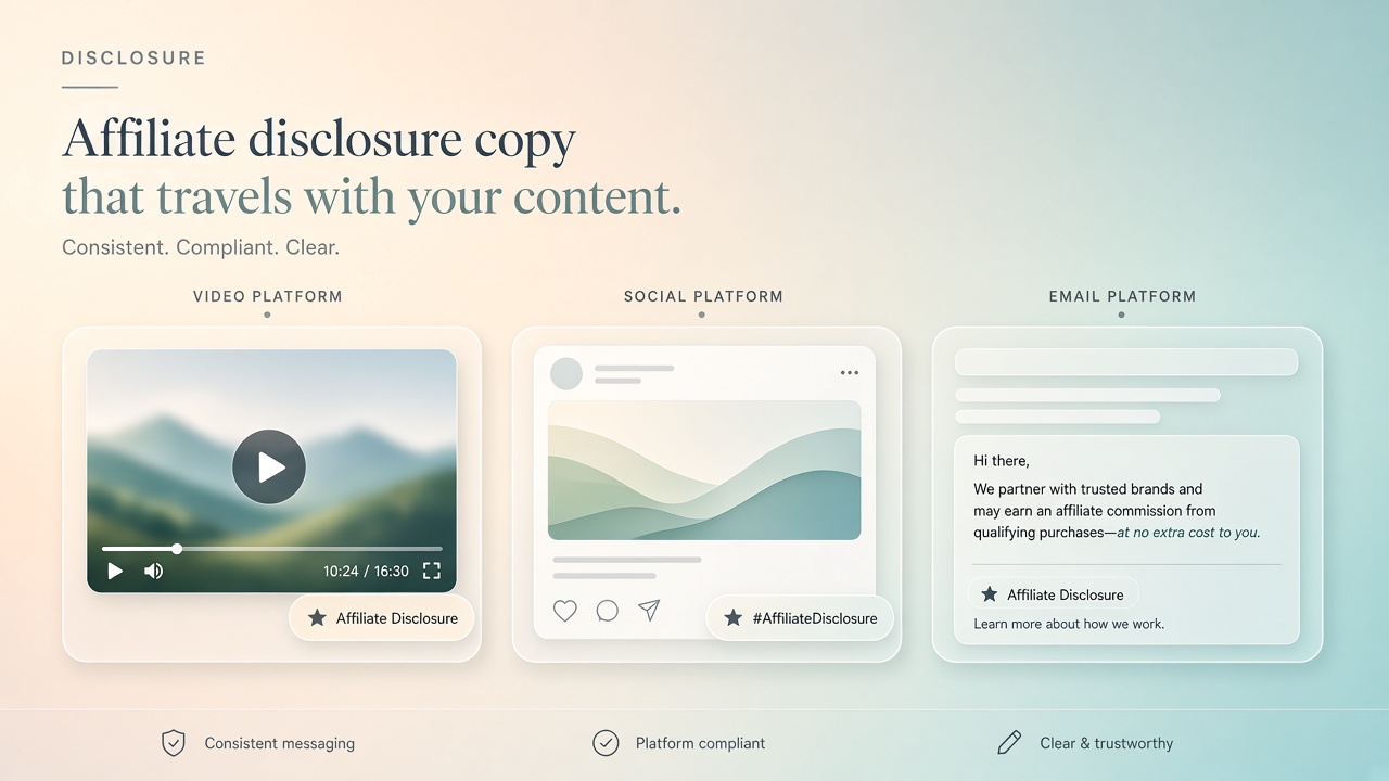 AI workflow for FTC-aligned affiliate disclosure copy across video, social posts, and newsletters