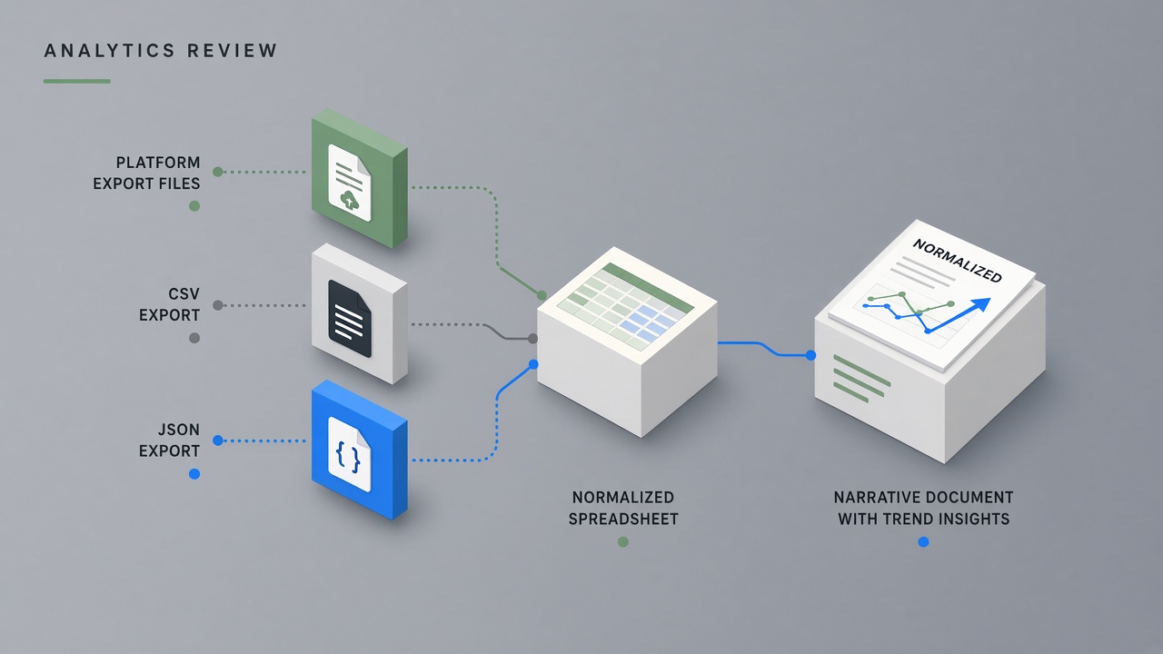 AI workflow for creator analytics narratives: platform exports, trend review, and validated action items