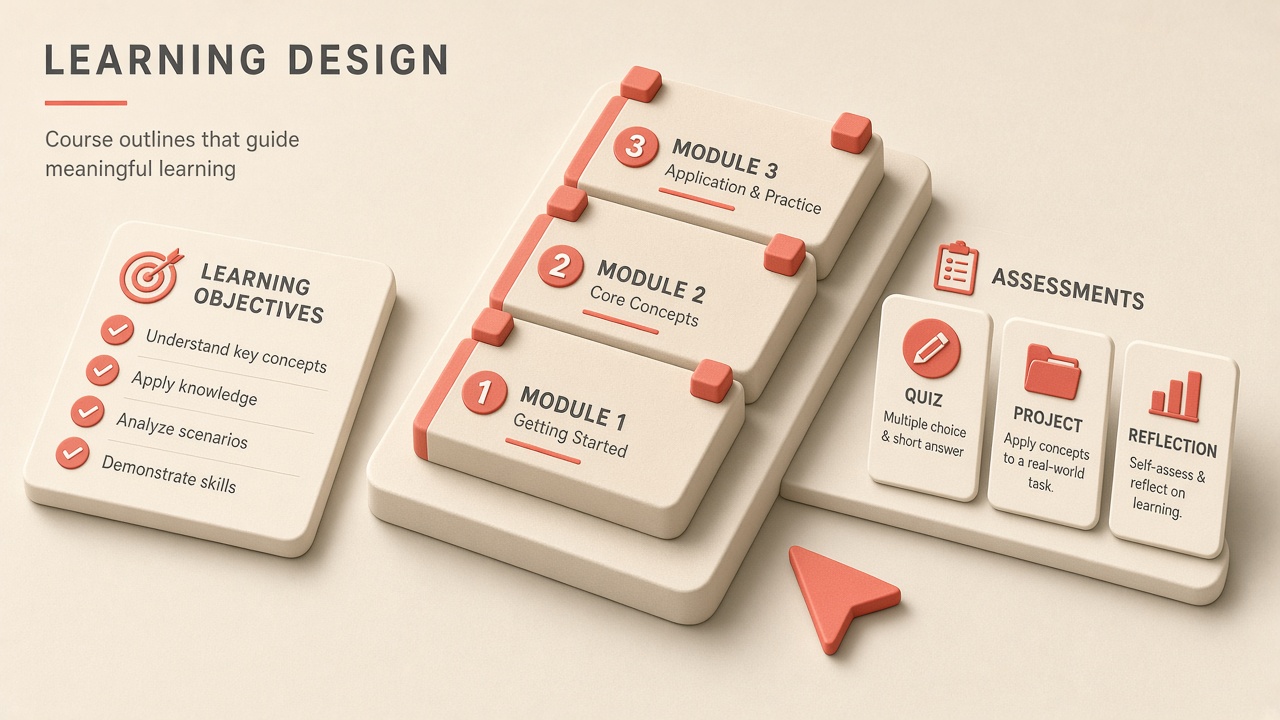 AI workflow for instructional designers building course outlines from learning objectives
