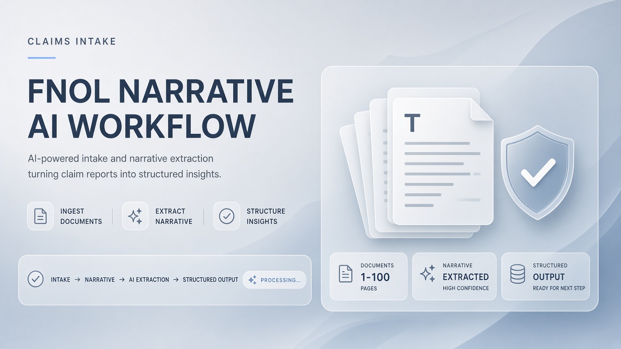 AI workflow for insurance claims intake structuring first notice of loss narratives from adjuster notes and photos