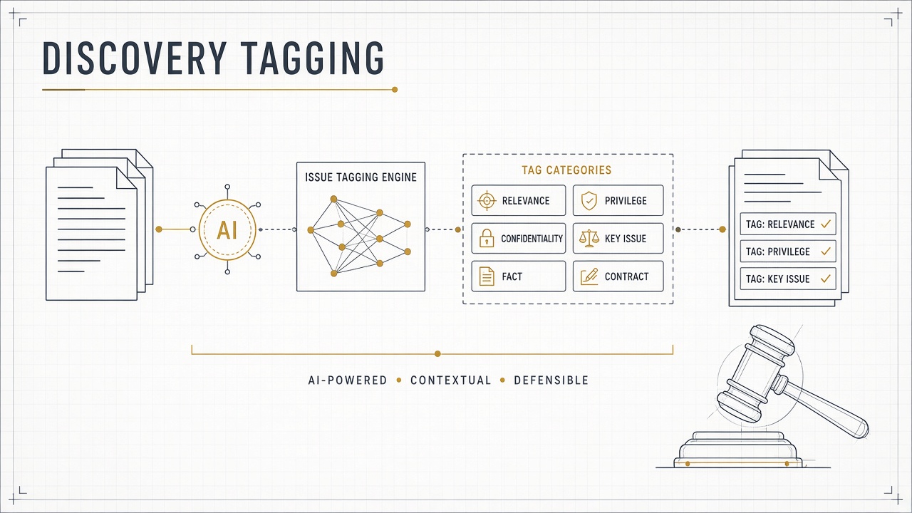 AI workflow for legal discovery issue tagging with attorney review of suggested privilege and relevance codes