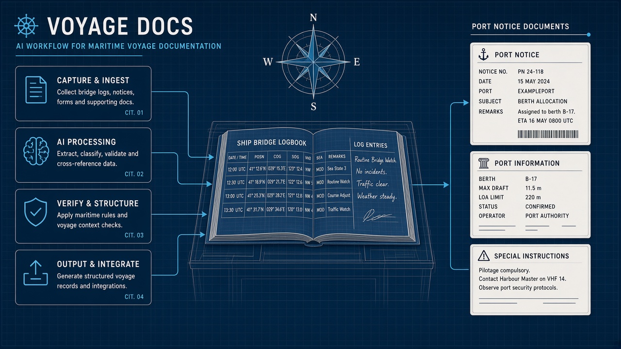 AI workflow for maritime voyage documentation summarizing ship logs, port notices, and compliance checklists with officer review