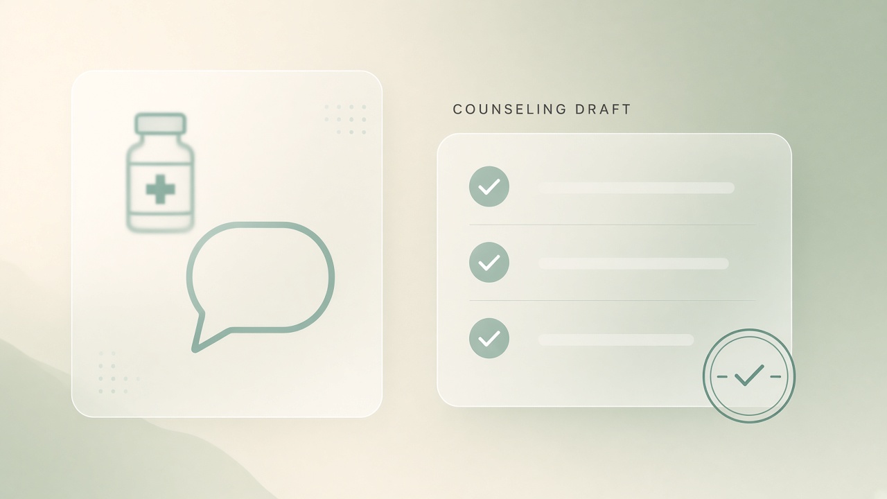 AI workflow for pharmacy medication counseling scripts with approved drug references and pharmacist verification