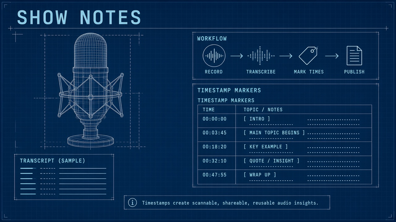 AI workflow for podcast show notes and chapters: transcription, timestamps, and human QA
