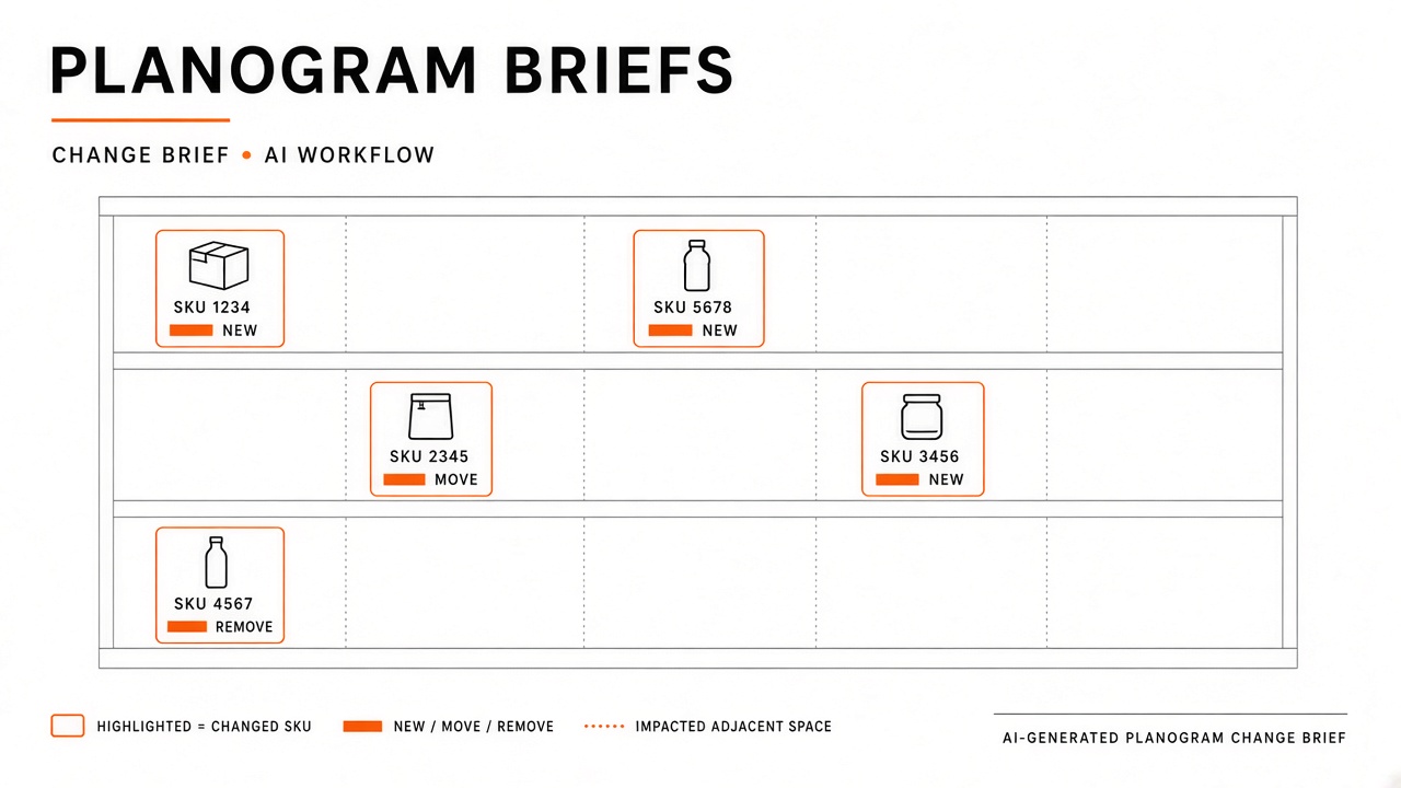 AI workflow for retail planogram change briefs highlighting SKU moves and facing updates for store teams