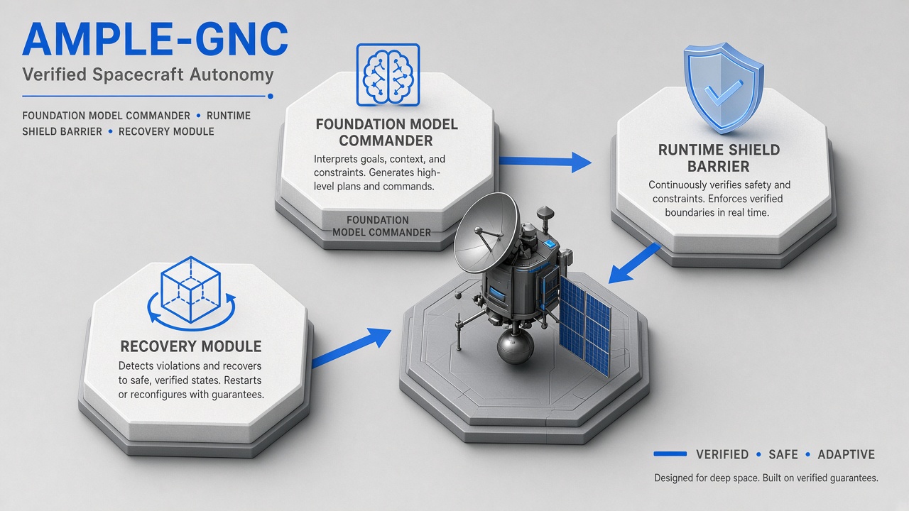 AMPLE-GNC verified spacecraft autonomy: foundation model commander paired with model-checked runtime shield and fault recovery module for deep space guidance