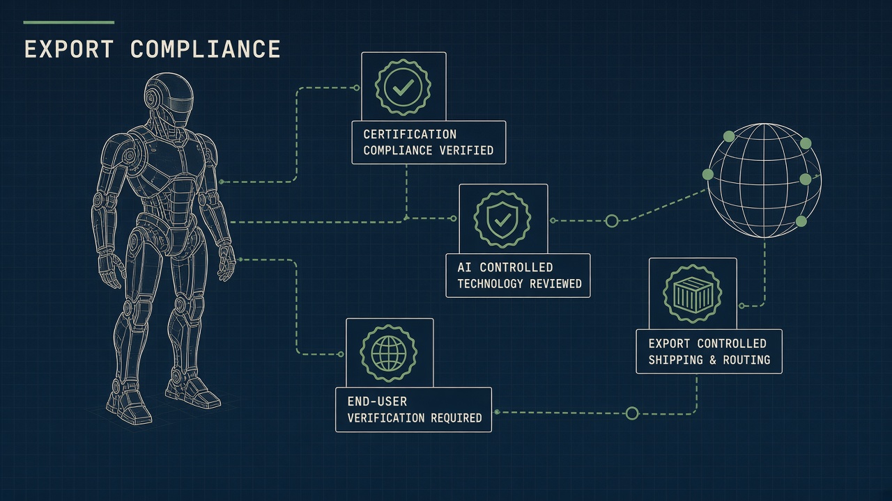 China embodied AI export compliance pathways for robotics OEMs and dual-market supply chains