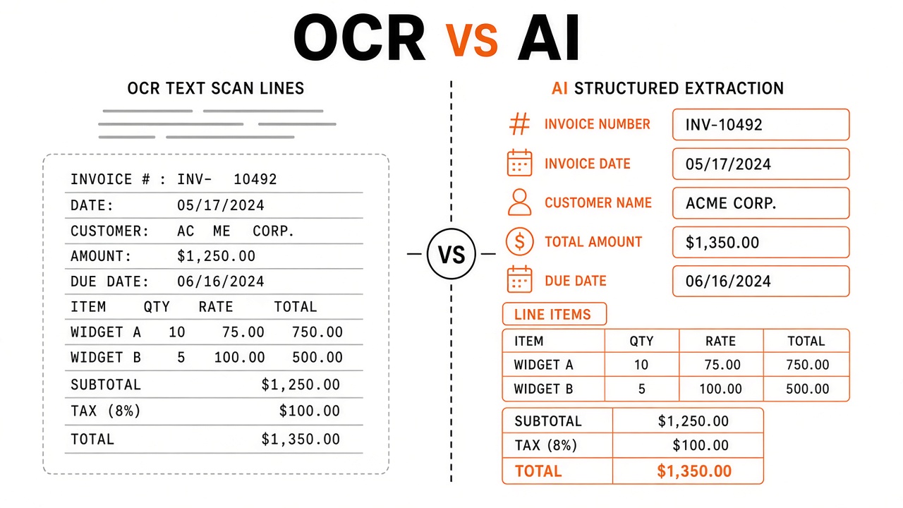 Document AI vs OCR comparison: character recognition versus layout understanding field extraction and context